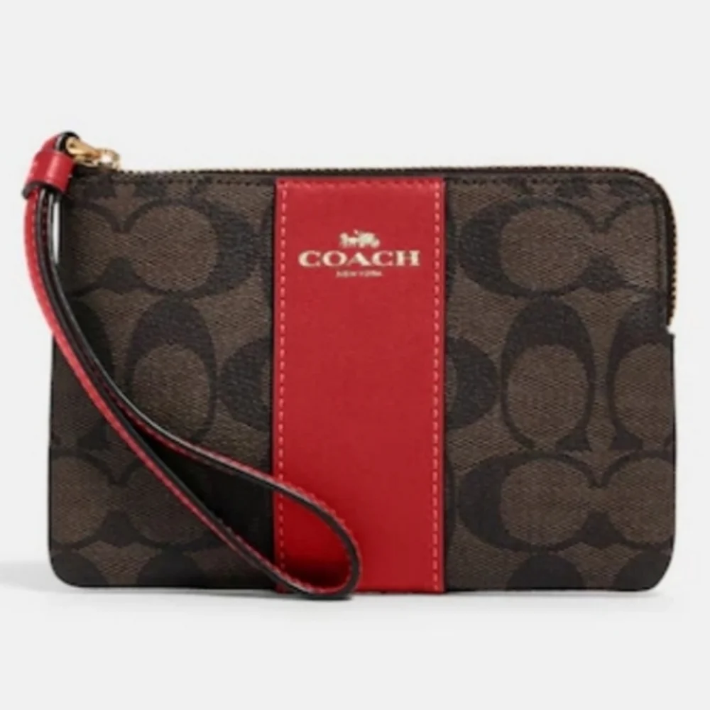🆕️Coach Signature Monogram Brown/Red Wristlet W Dust Bag - Picture 4 of 12